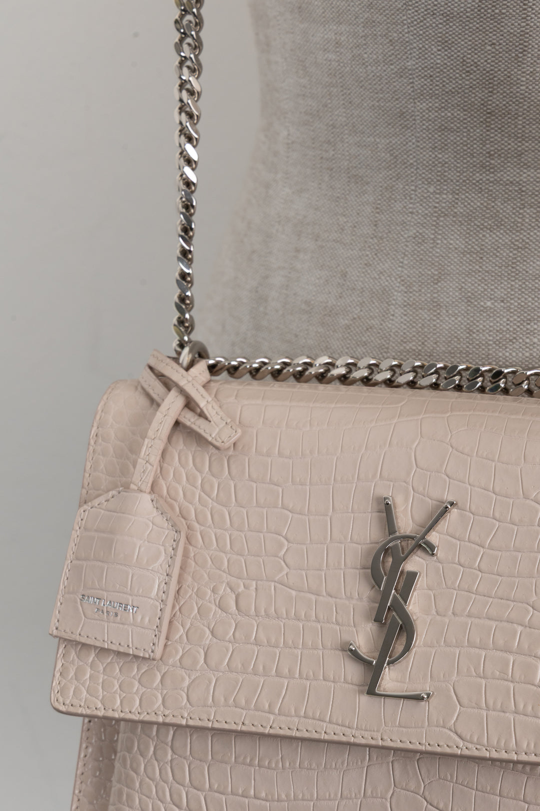SAINT LAURENT Sunset Croc Embossed Crossbody Bag Blush Pink
