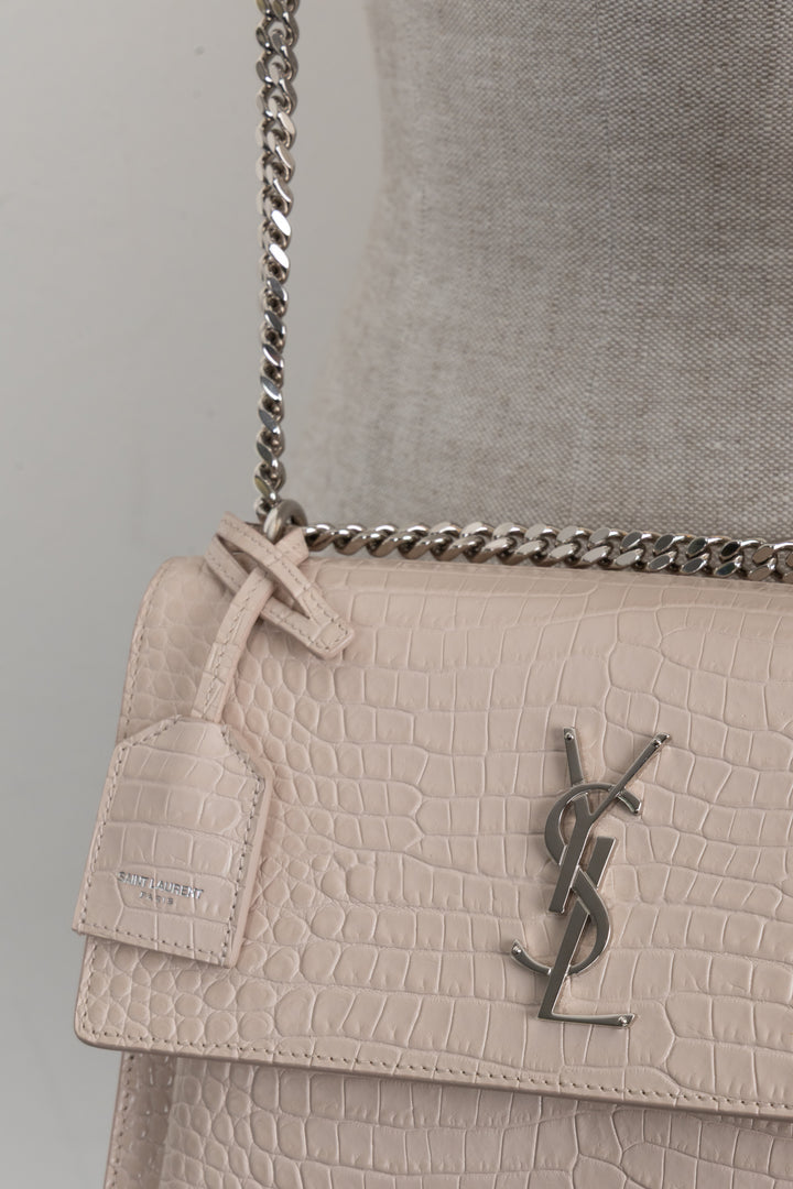 SAINT LAURENT Sunset Croc Embossed Crossbody Bag Blush Pink