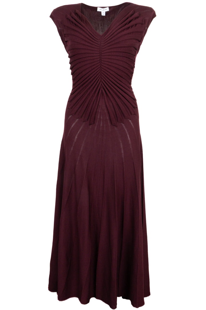 Robe midi drapée en laine bordeaux ALAÏA