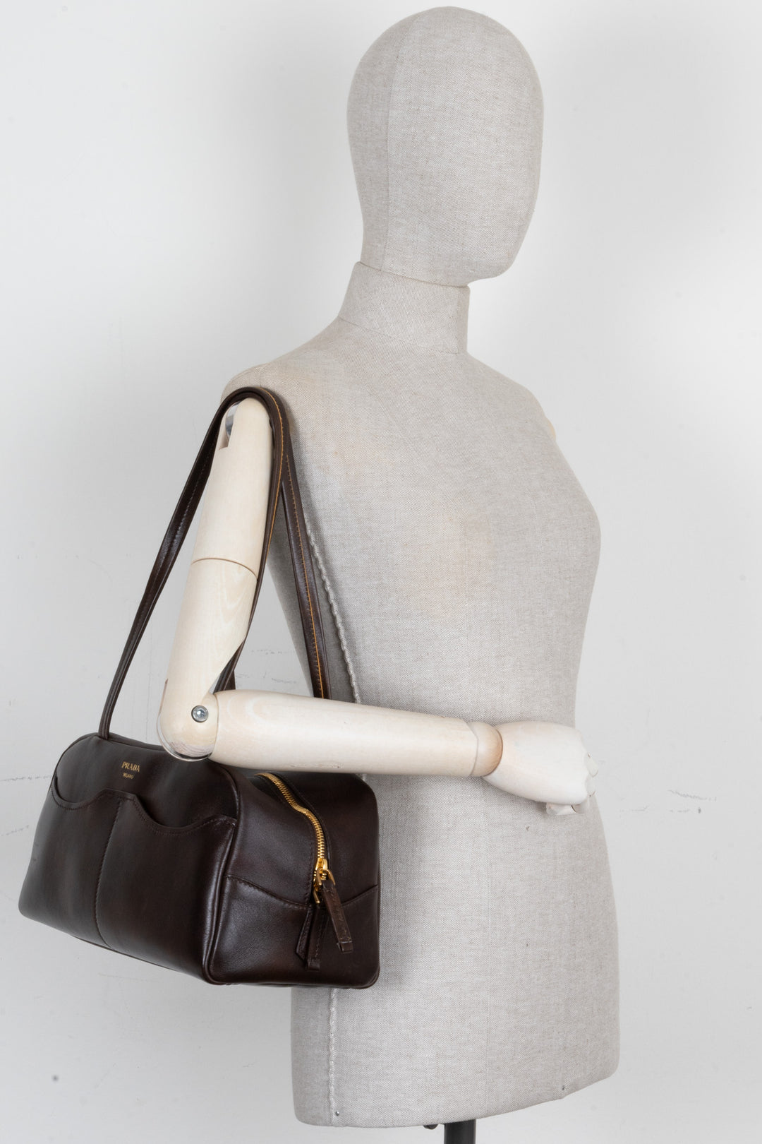 PRADA Large Antique Leather Top Handle Carryall Brown