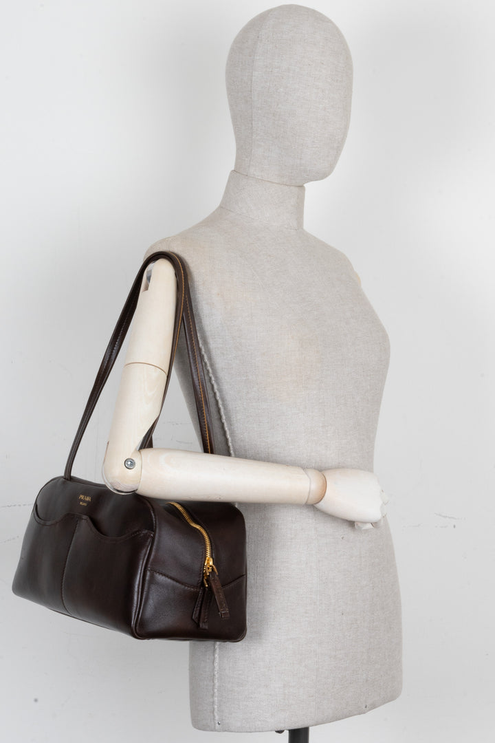 PRADA Large Antique Leather Top Handle Carryall Brown