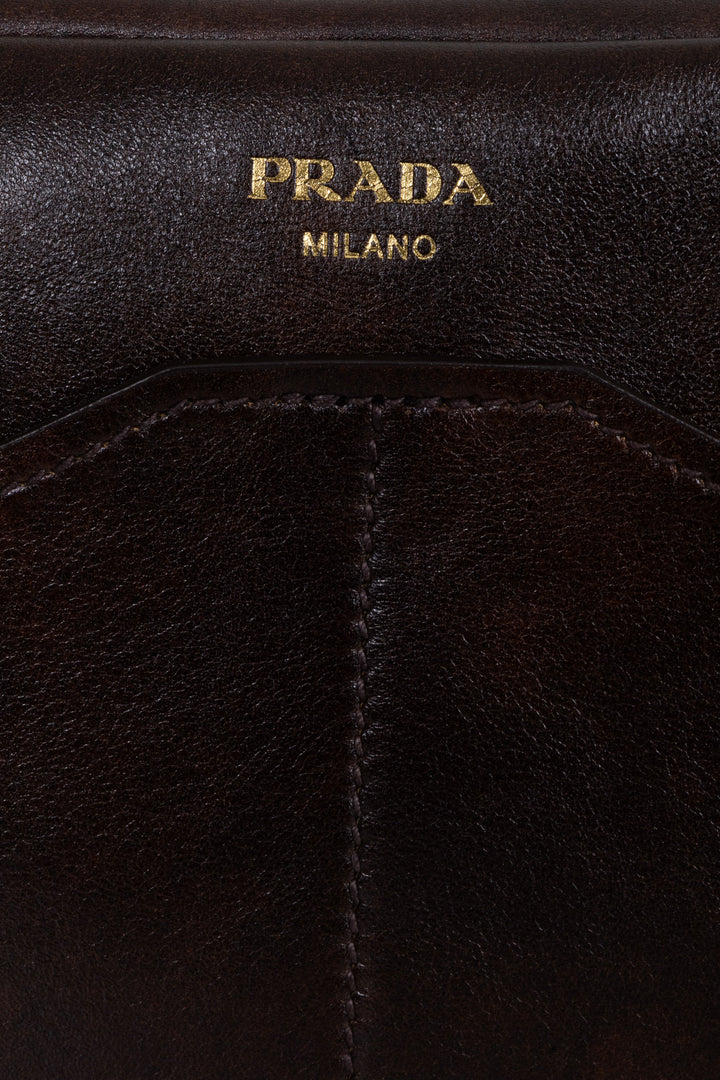PRADA Large Antique Leather Top Handle Carryall Brown