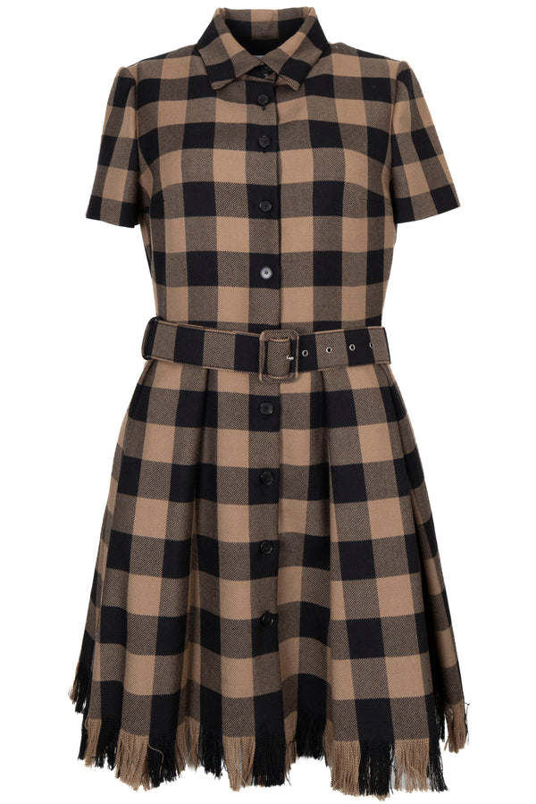 CHRISTIAN DIOR Check Fringed Belted Dress Wool Brown Black