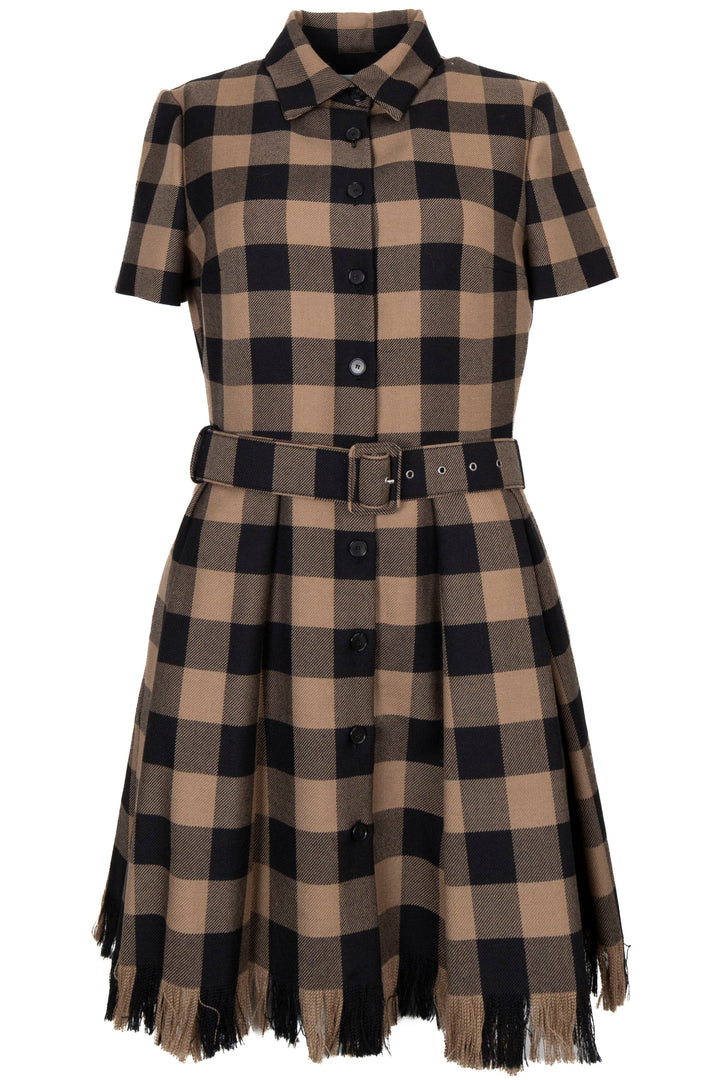 CHRISTIAN DIOR Check Fringed Belted Dress Wool Brown Black