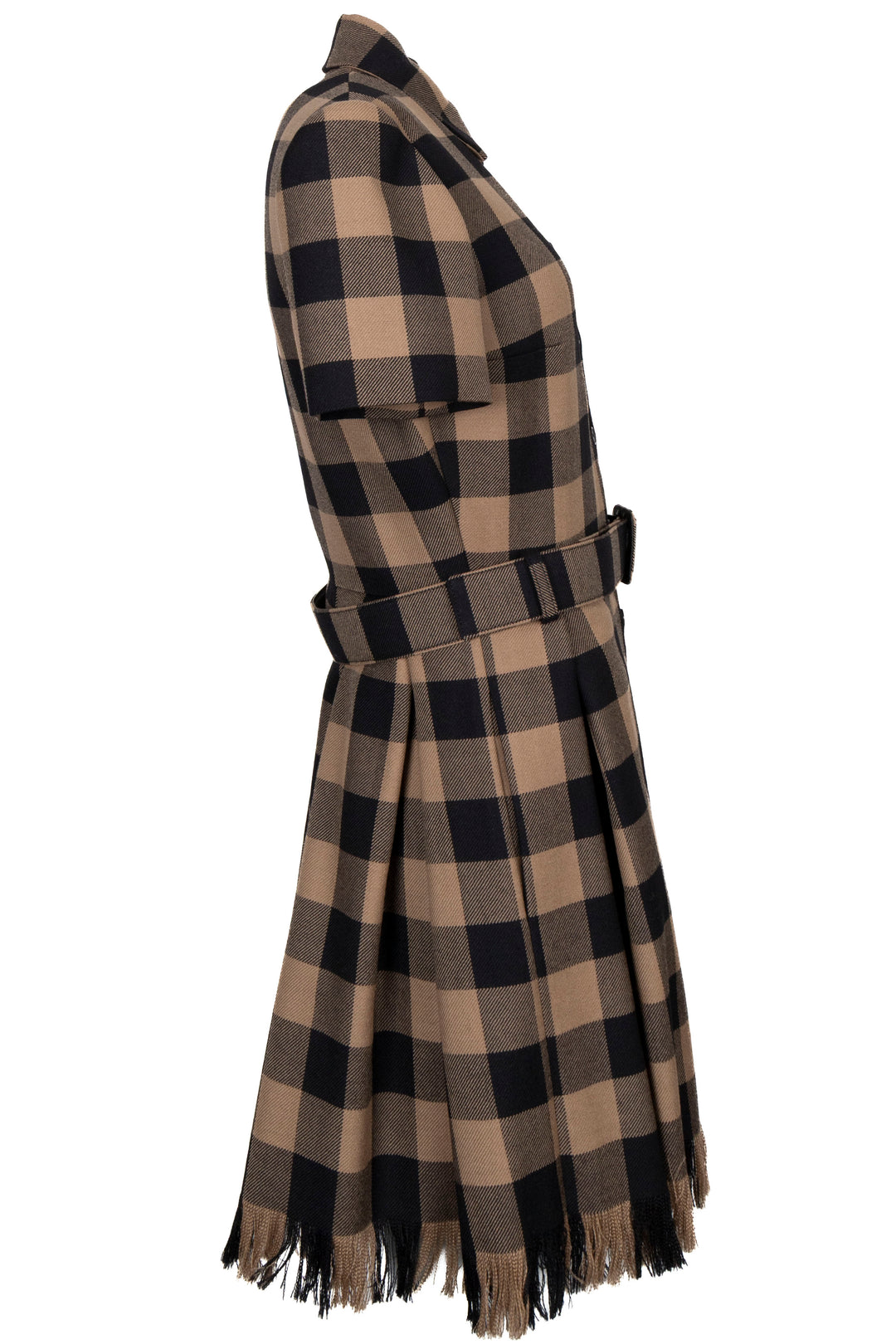 CHRISTIAN DIOR Check Fringed Belted Dress Wool Brown Black