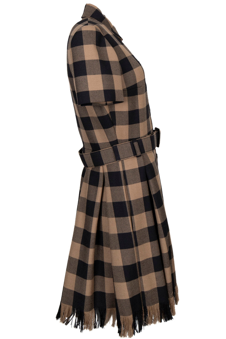 CHRISTIAN DIOR Check Fringed Belted Dress Wool Brown Black