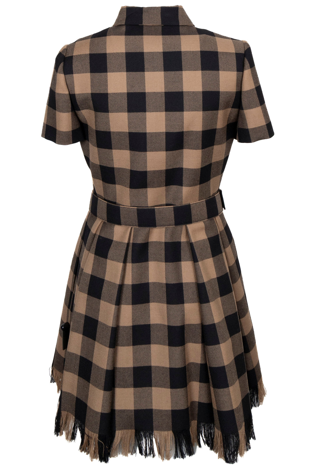 CHRISTIAN DIOR Check Fringed Belted Dress Wool Brown Black