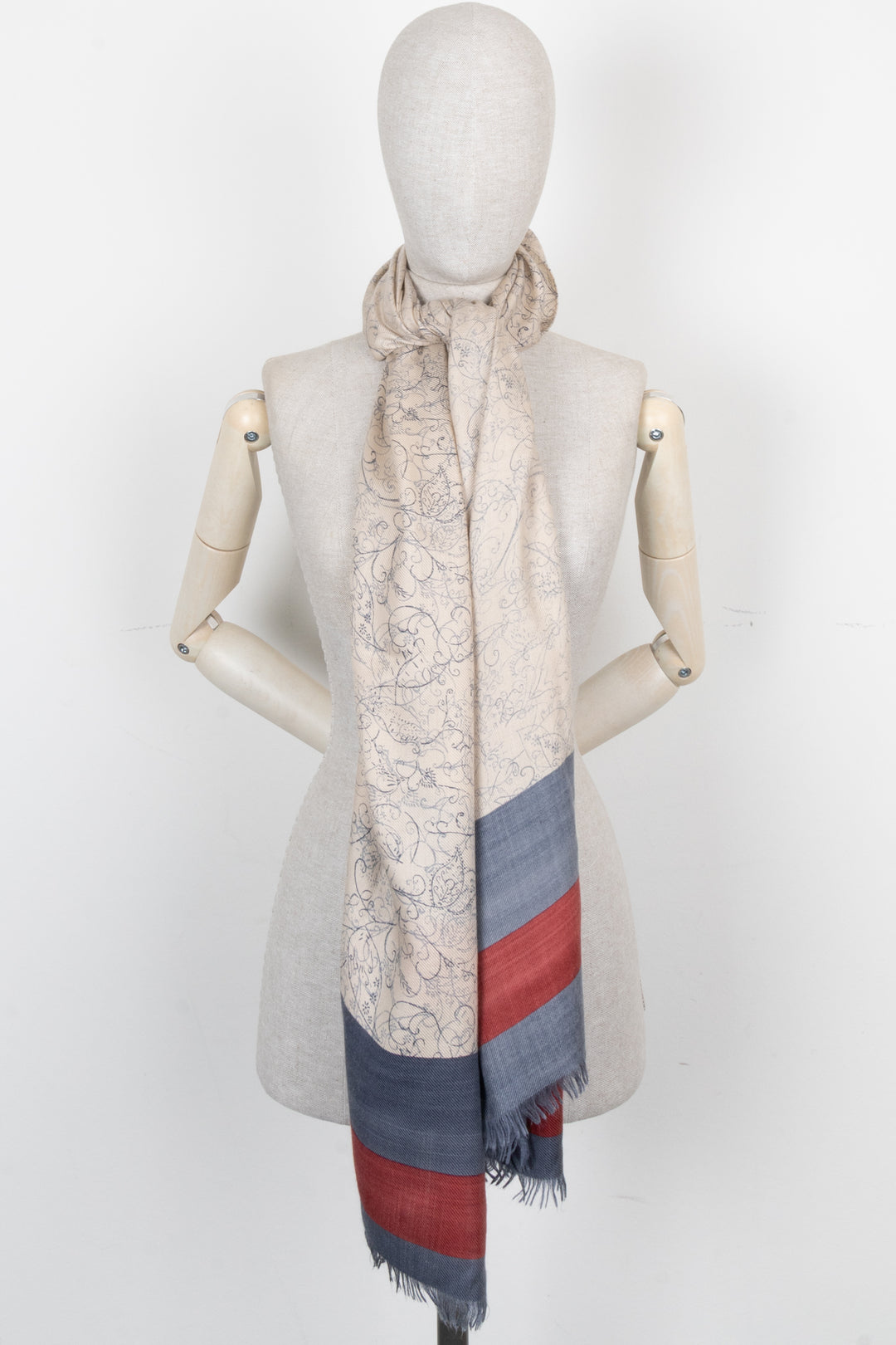 LORO PIANA Paisley Scarf Beige Blue Red Stripes