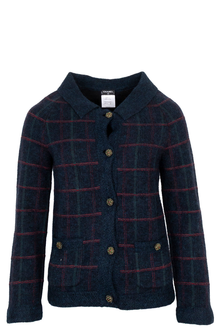 CHANEL 2013 Check Knit Cardigan Navy Red
