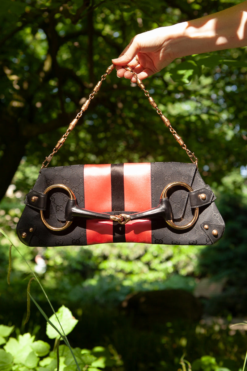 GUCCI Horsebit Chain Clutch GG Canvas Black