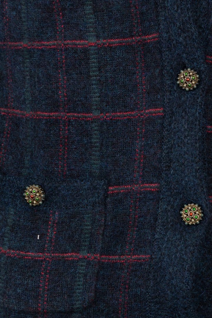 CHANEL 2013 Check Knit Cardigan Navy Red