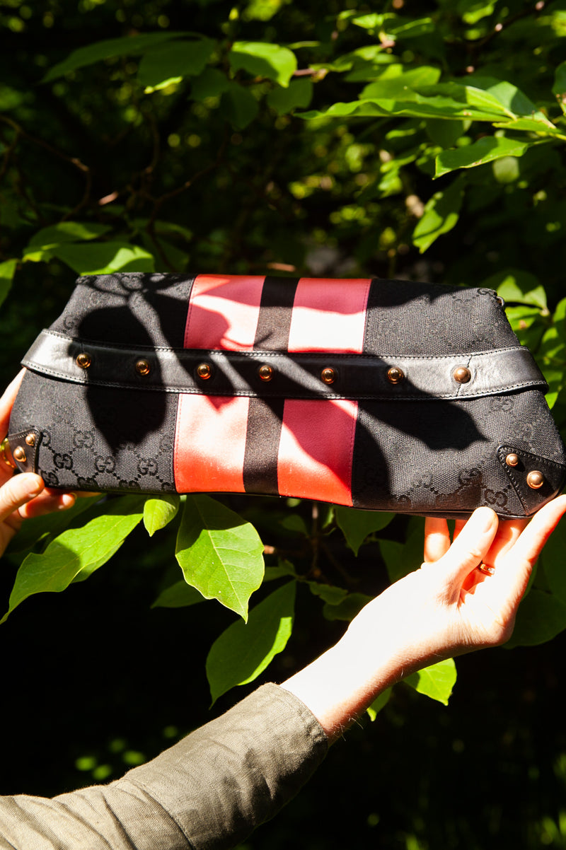 GUCCI Horsebit Chain Clutch GG Canvas Black