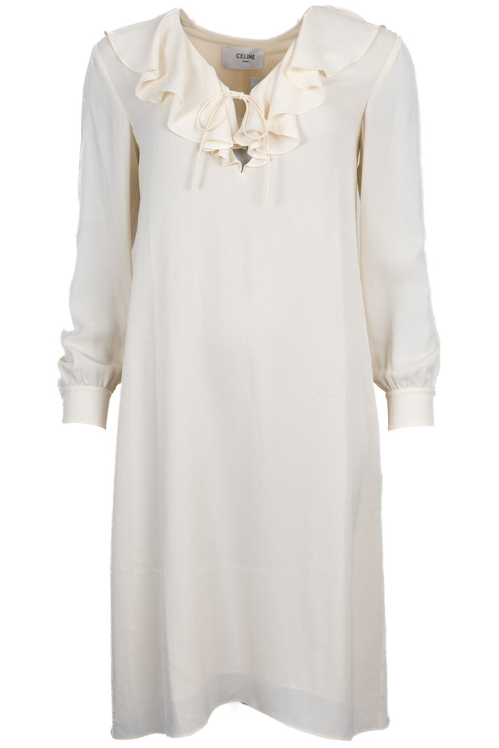 CELINE Ruffled Dress Silk Cream