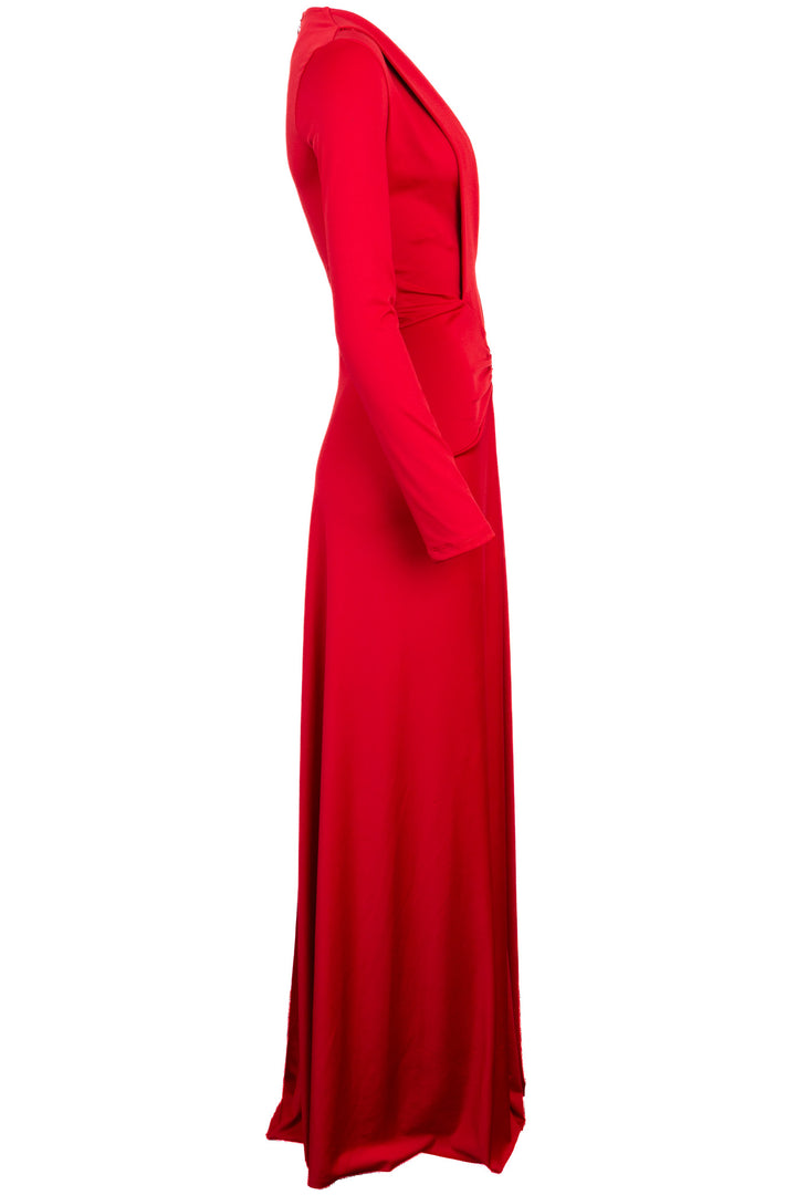 VICTORIA BECKHAM Robe longue froncée à décolleté plongeant en V rouge