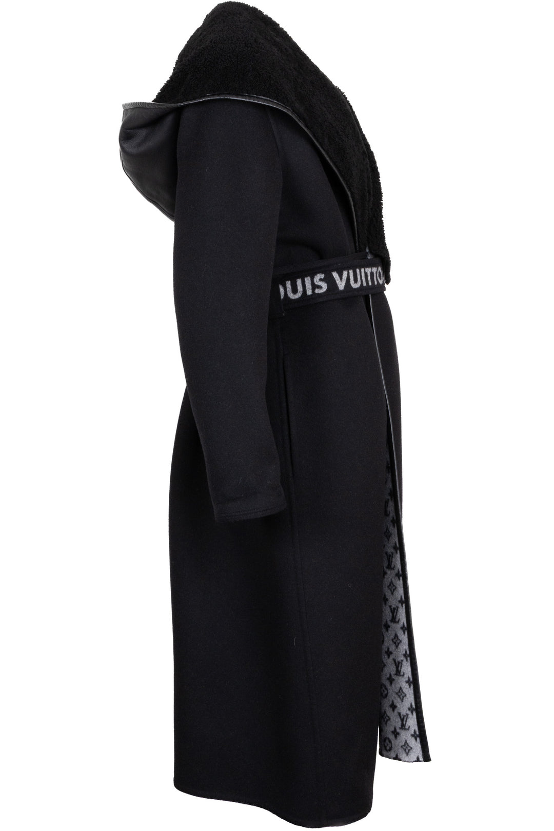 Manteau LOUIS VUITTON à col châle et ceinture en peau lainée noir