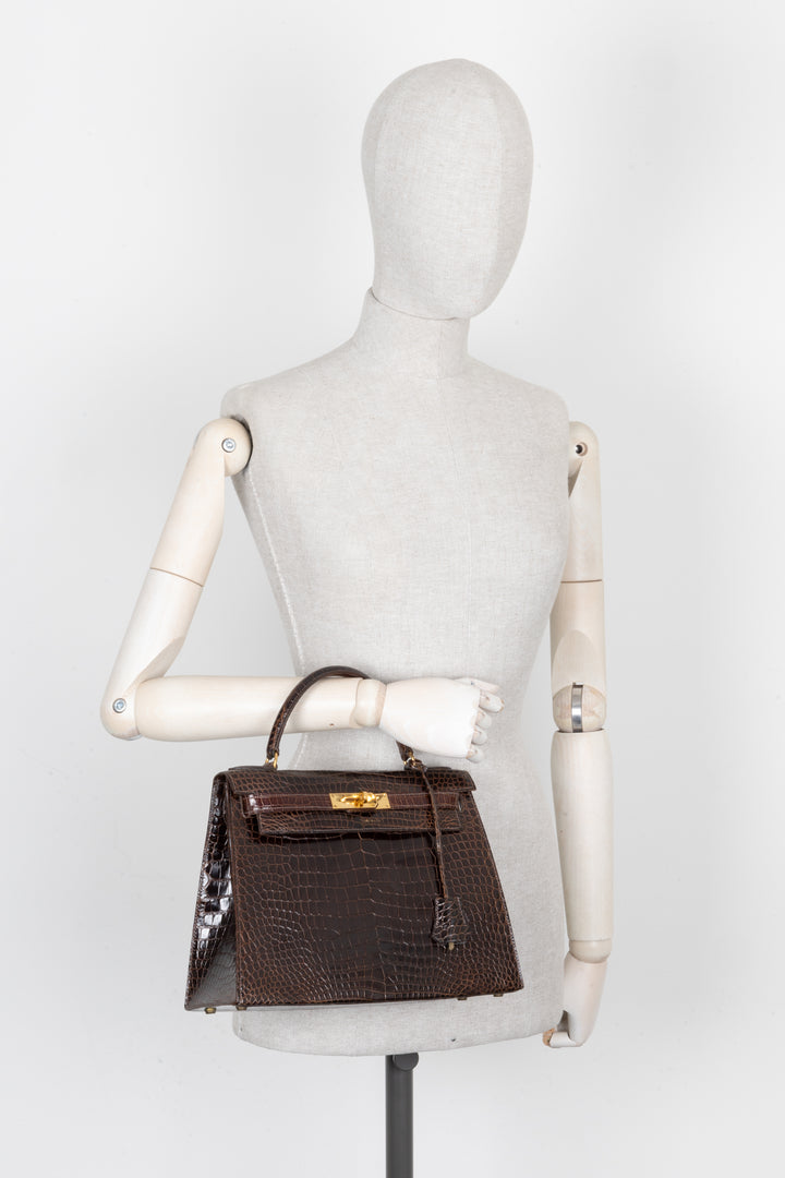 HERMÈS Kelly 28 Crocodile Porosus Lisse Brown