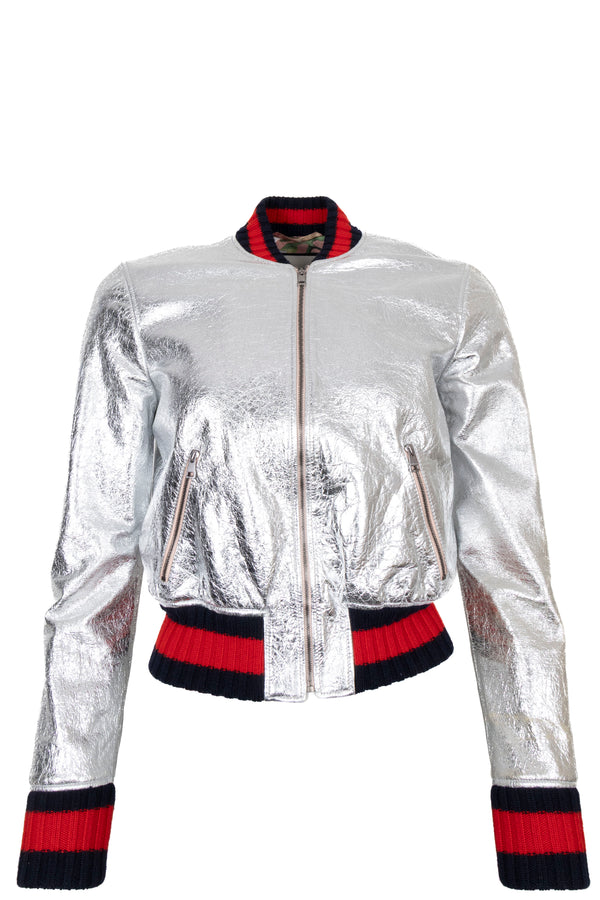 Blouson bomber zippé en cuir argenté GUCCI