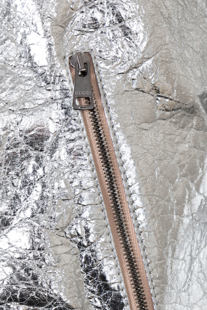 GUCCI Zip Bomber Leather Jacket Silver