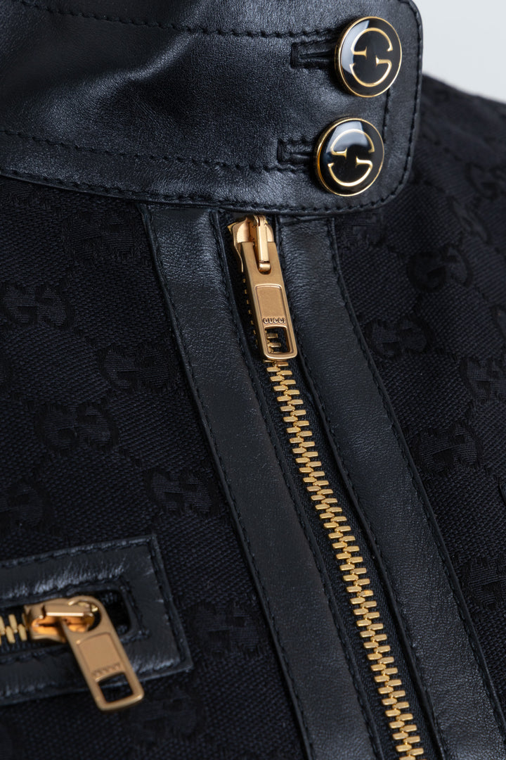 GUCCI Supreme GG Leather Detail Zip Jacket Denim Black