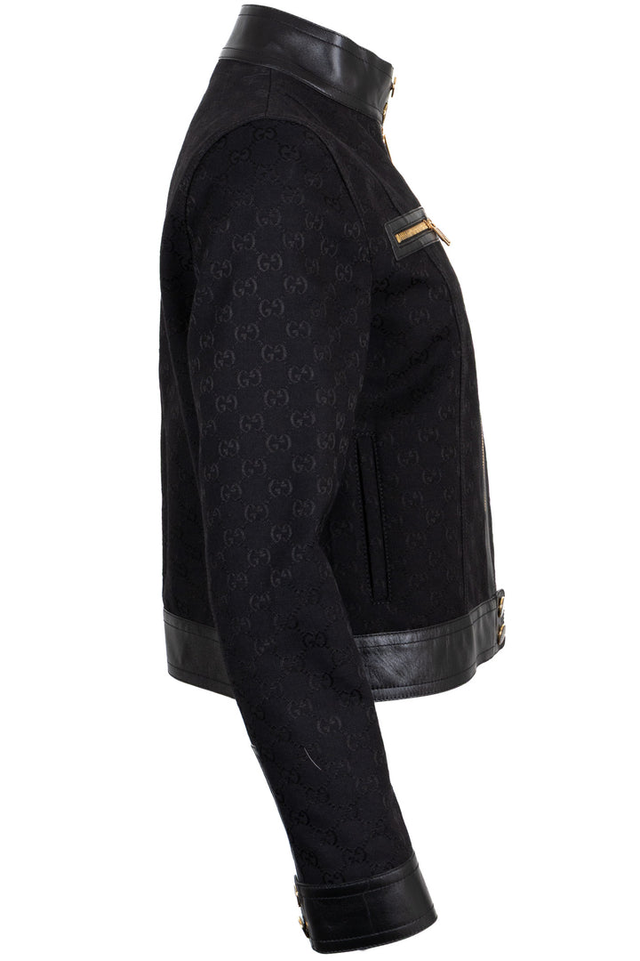 GUCCI Supreme GG Leather Detail Zip Jacket Denim Black