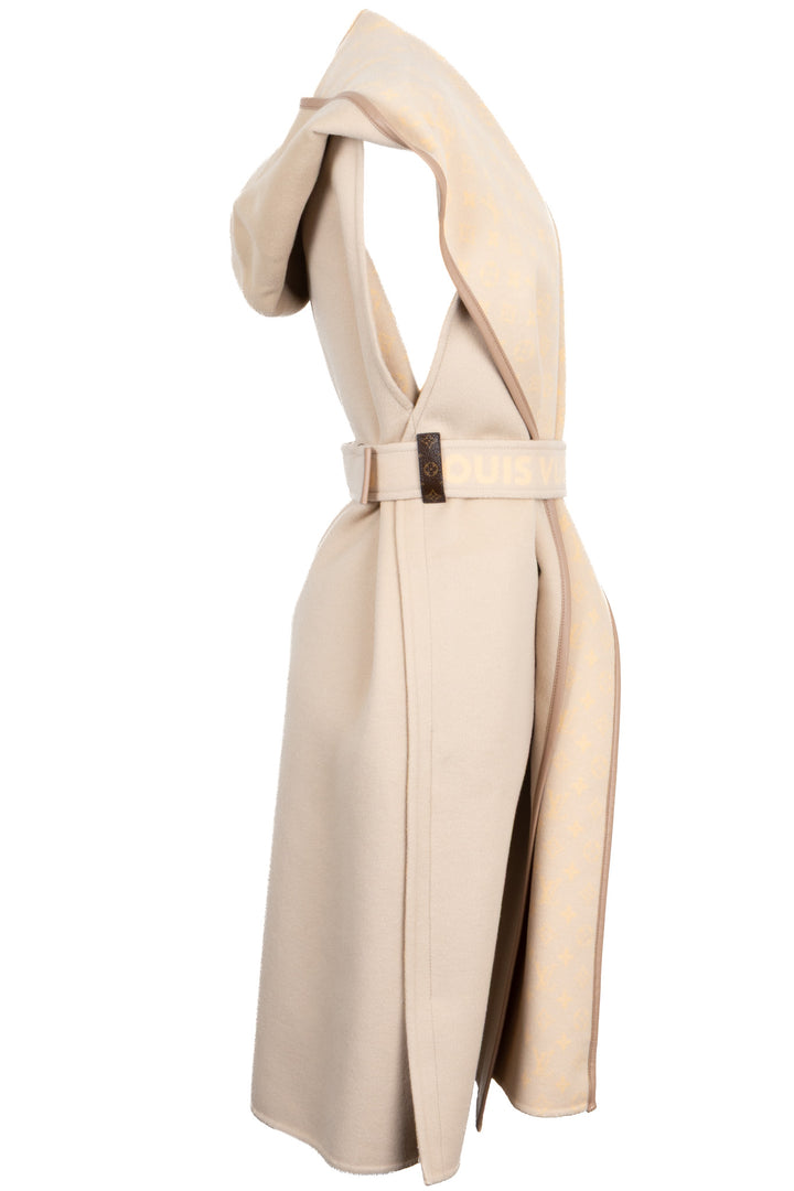 LOUIS VUITTON Belted Hooded Sleeveless Coat Wool Beige