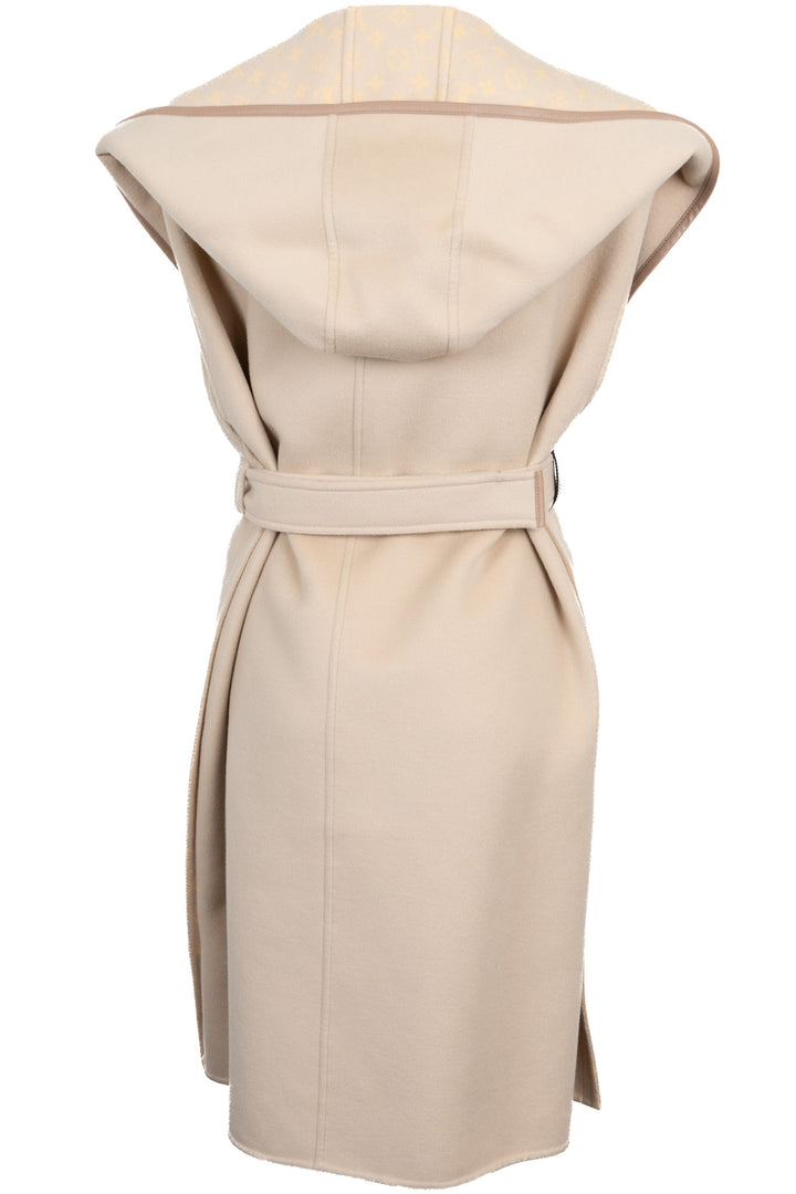 LOUIS VUITTON Belted Hooded Sleeveless Coat Wool Beige