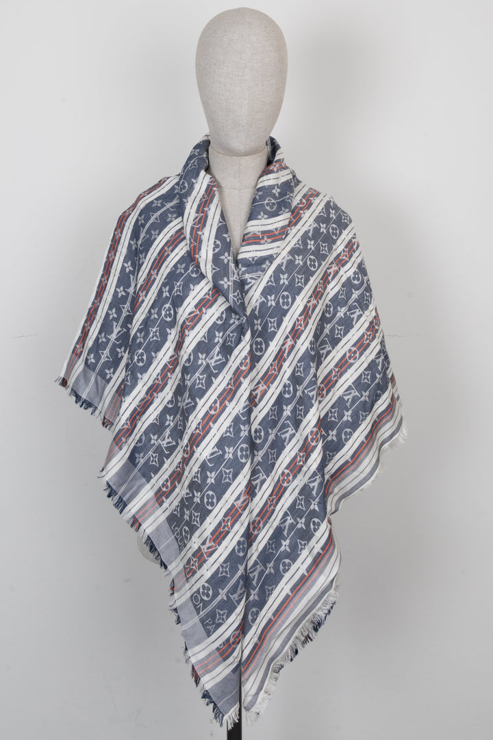LOUIS VUITTON Fringed MNG Scarf Striped Blue Red White