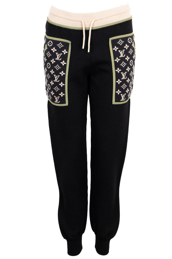 LOUIS VUITTON Contrast Trim Monogram Track Pants Wool Black