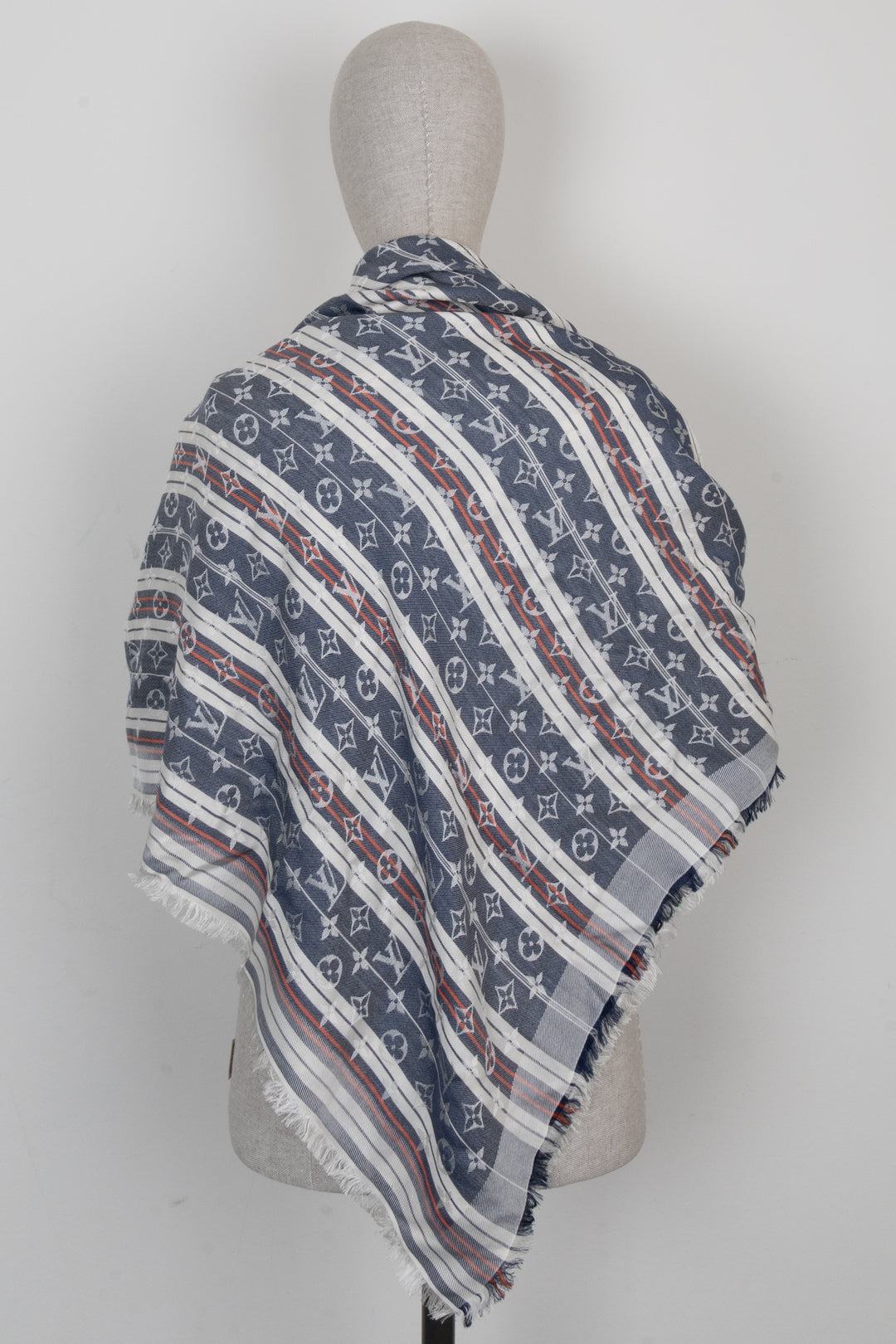 LOUIS VUITTON Fringed MNG Scarf Striped Blue Red White