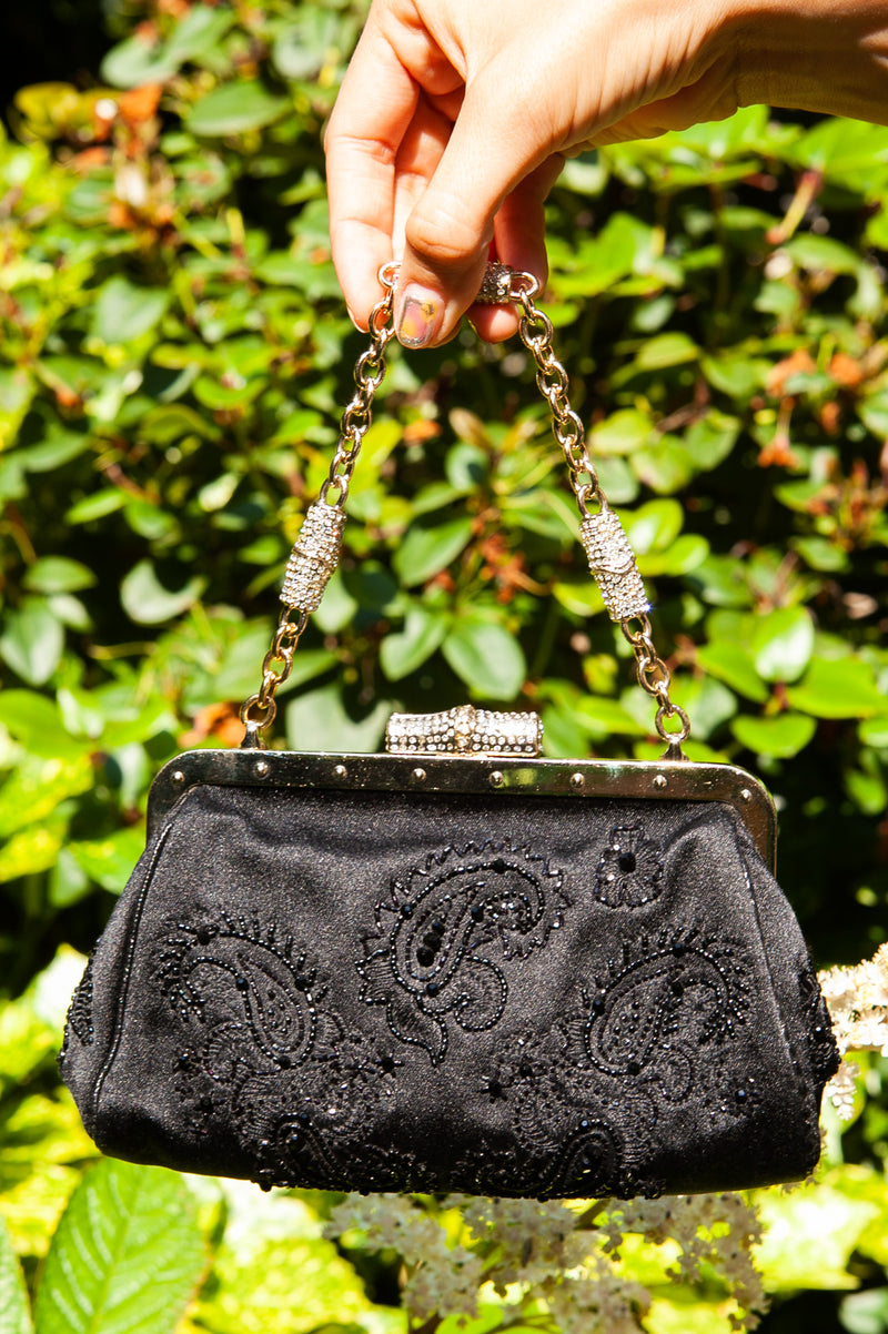 GUCCI Bamboo Clutch Crystals Satin Black