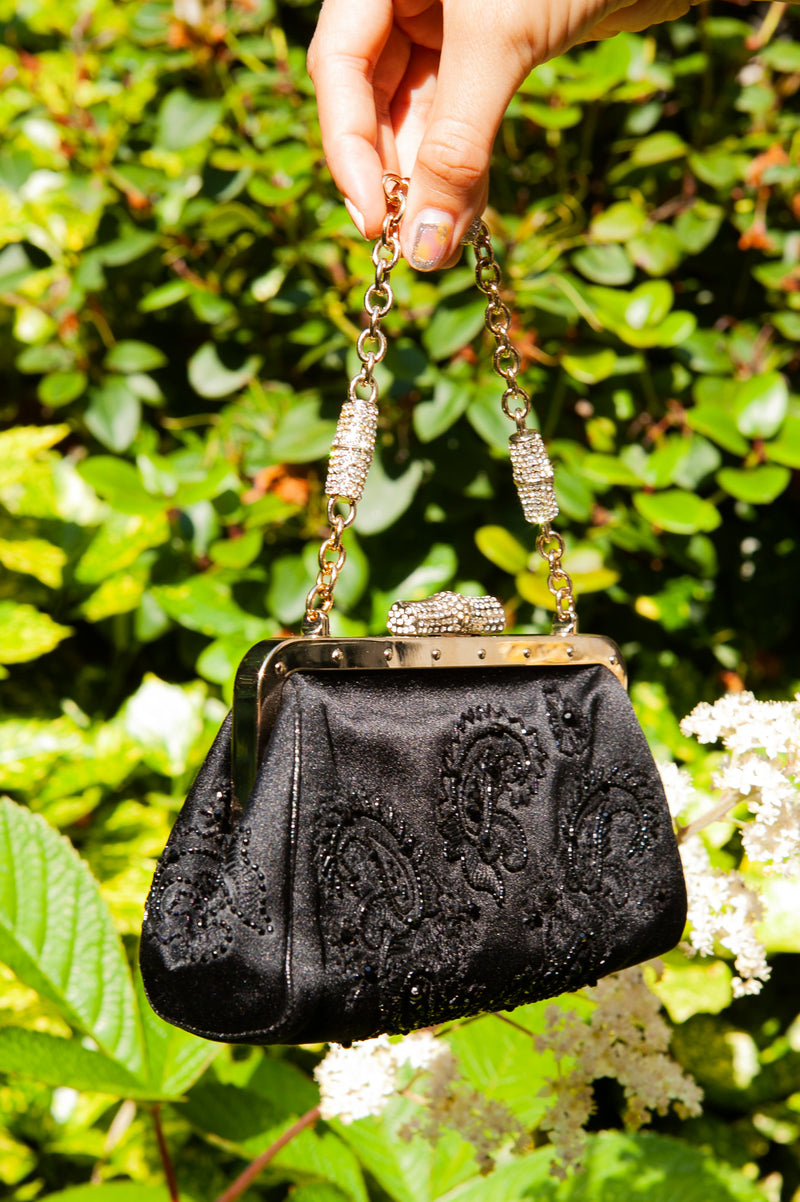 GUCCI Bamboo Clutch Crystals Satin Black