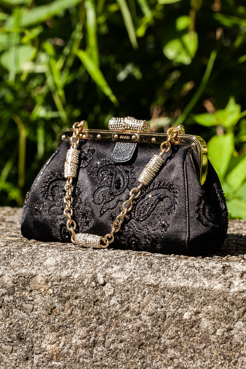 GUCCI Bamboo Clutch Crystals Satin Black