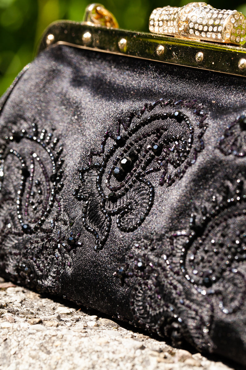 GUCCI Bamboo Clutch Crystals Satin Black