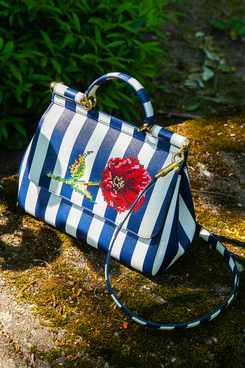 DOLCE&GABBANA Medium Miss Sicily Top Handle Bag Striped with Embroidery