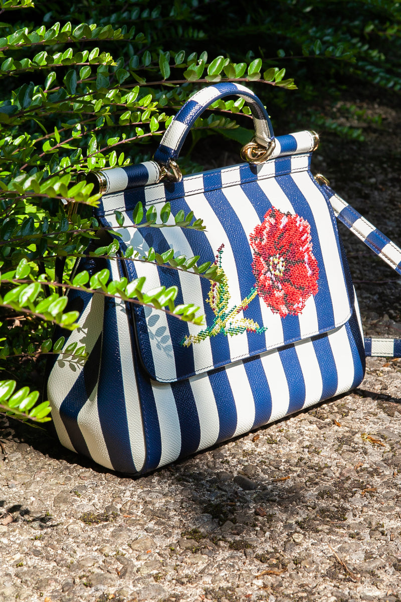 DOLCE&GABBANA Medium Miss Sicily Top Handle Bag Striped with Embroidery