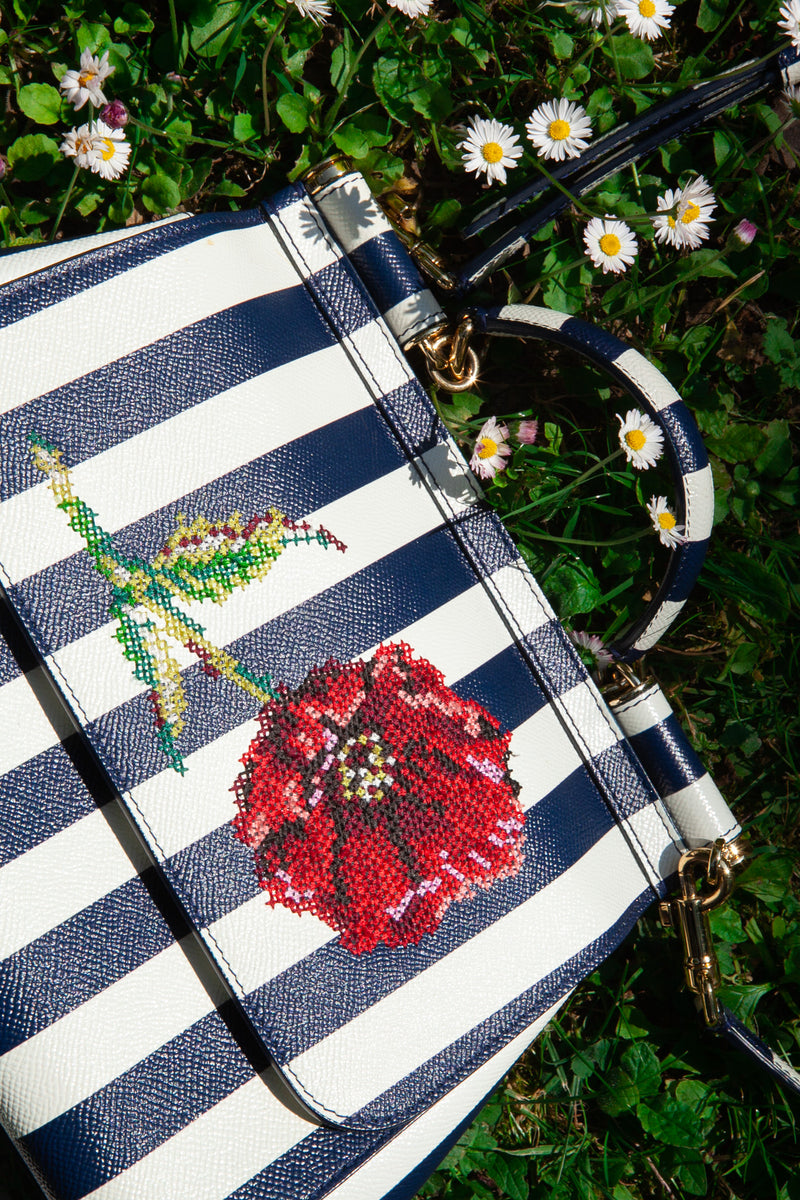 DOLCE&GABBANA Medium Miss Sicily Top Handle Bag Striped with Embroidery