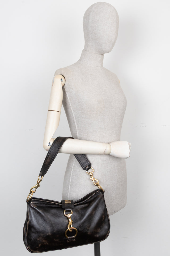 MIUMIU Distressed Carabiner Shoulder Bag Brown