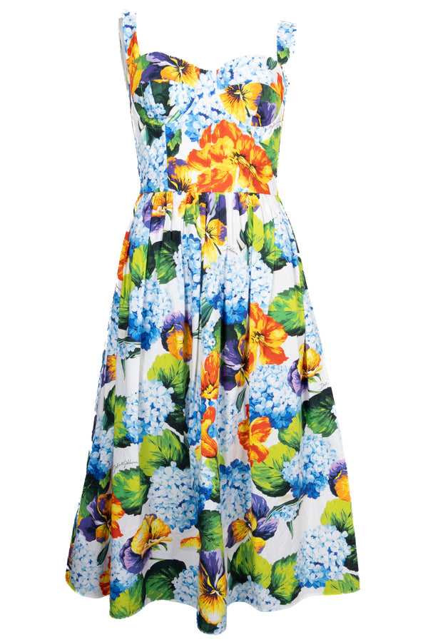 Robe DOLCE&GABBANA à fleurs d'hortensia, blanche, jaune et bleue