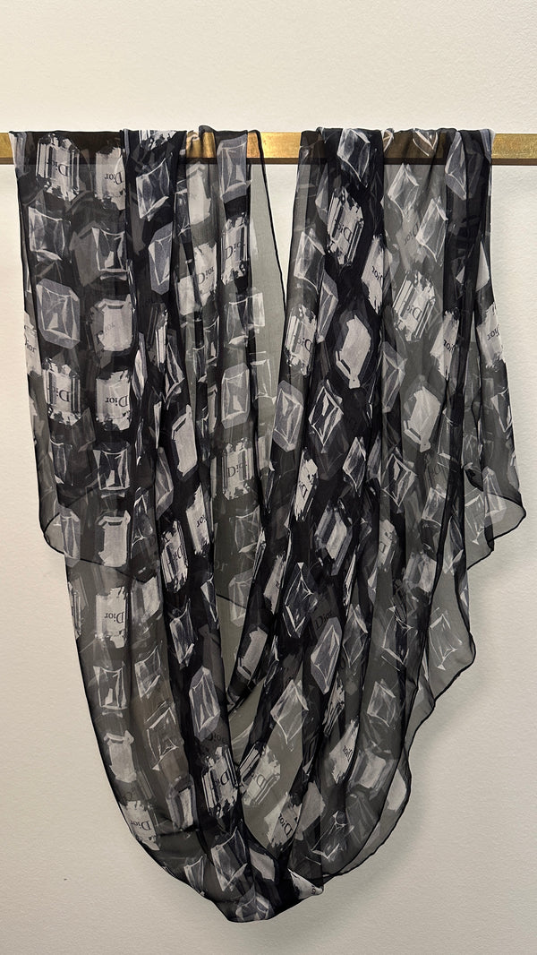 CHRISTIAN DIOR Diamond Logo Scarf Black Grey Organza Silk