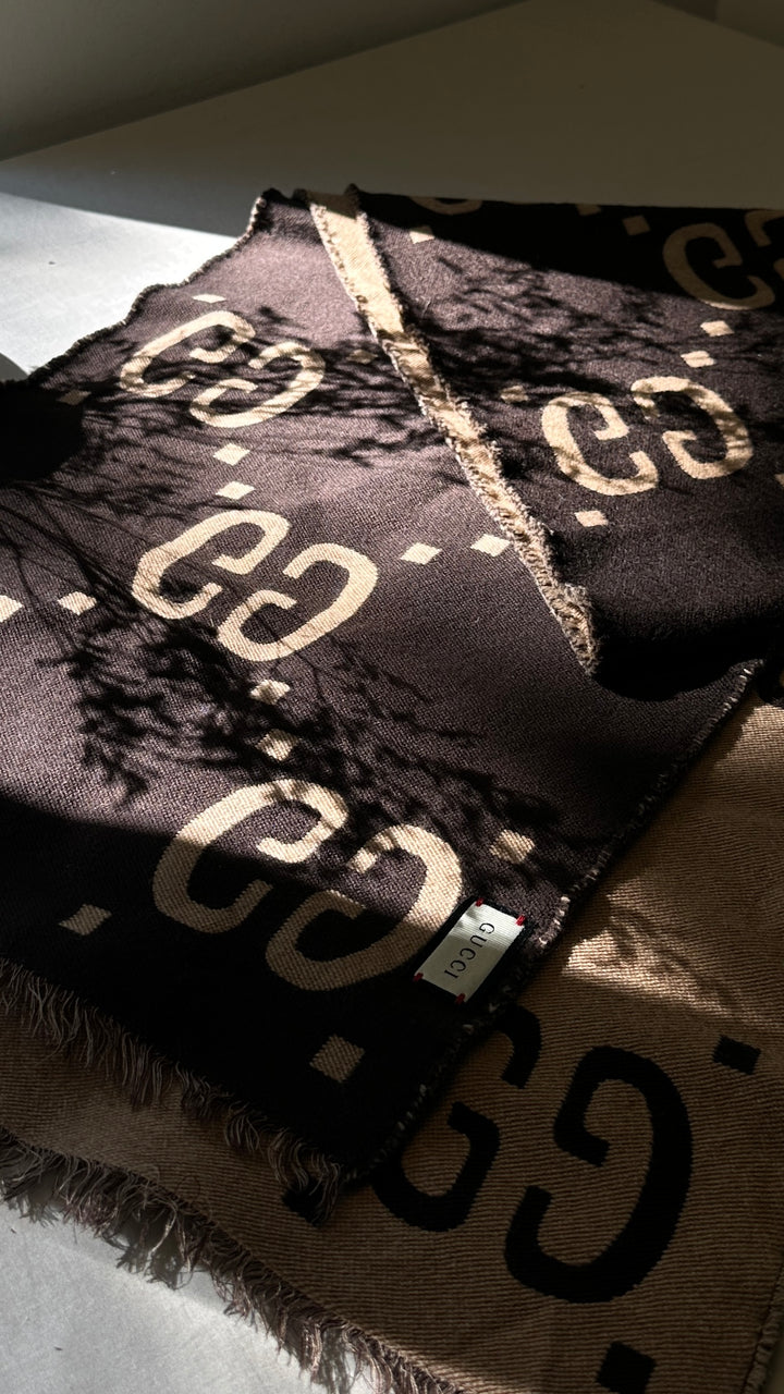GUCCI Giant GG Reversible Scarf Brown Wool