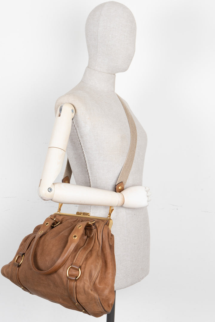 MIU MIU Logo Clasp Handbag Leather Brown