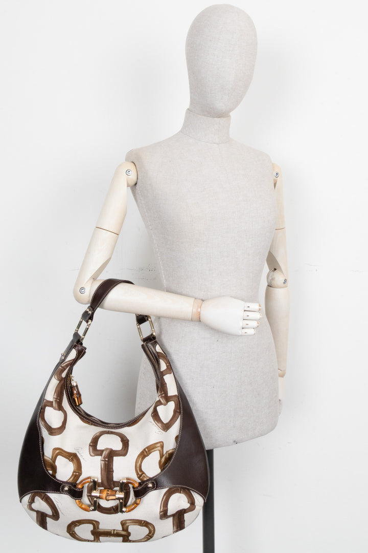 GUCCI Amalfi Bamboo Horsebit Hobo Bag Canvas Leather White Brown