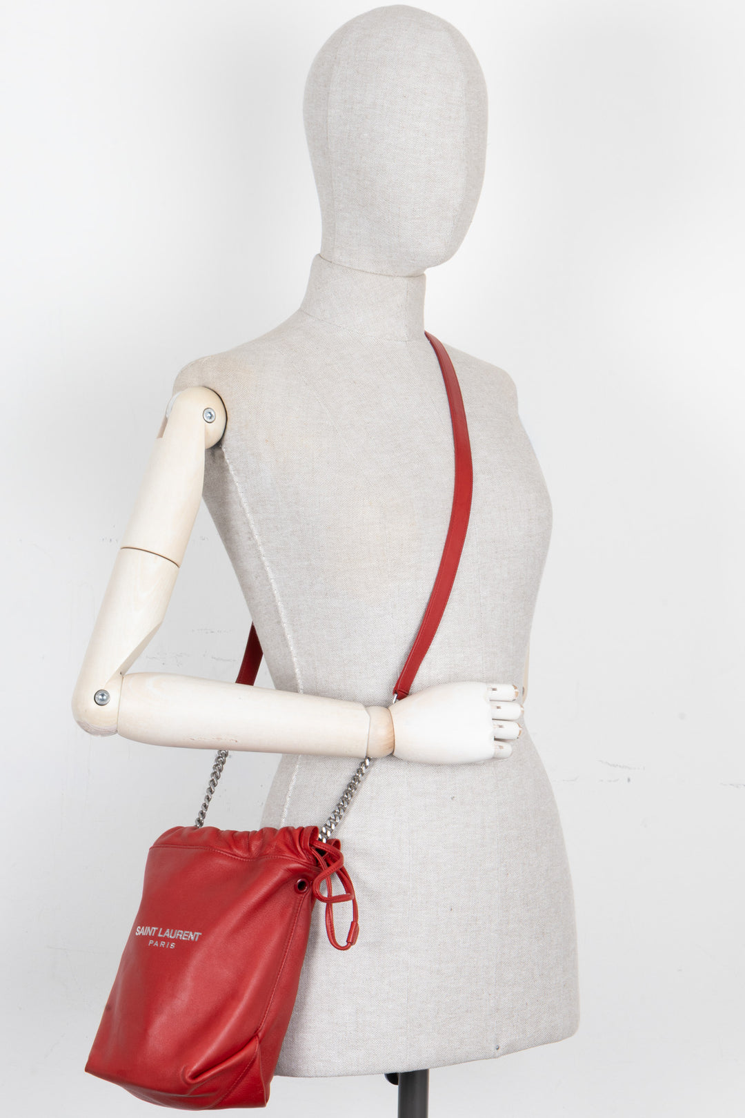 SAINT LAURENT Teddy Drawstring Bucket Bag Red