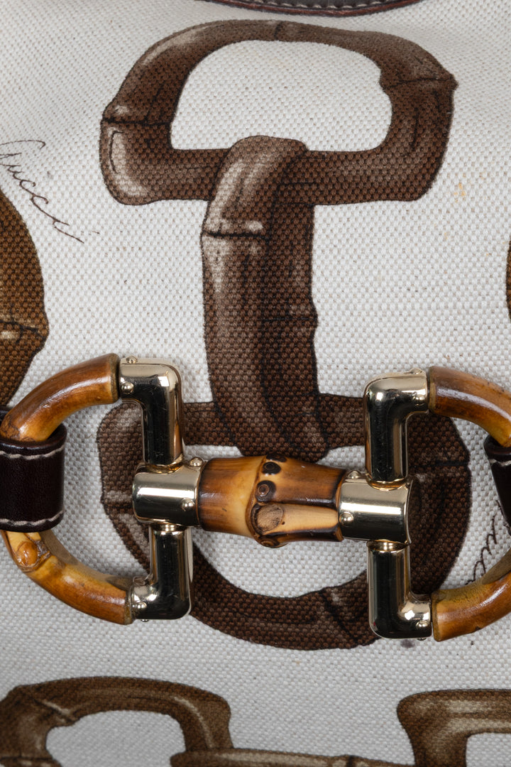 GUCCI Amalfi Bamboo Horsebit Hobo Bag Canvas Leather White Brown