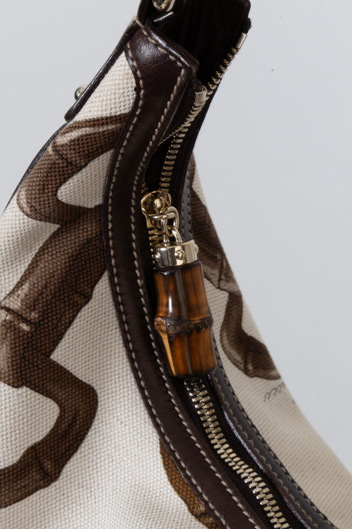GUCCI Amalfi Bamboo Horsebit Hobo Bag Canvas Leather White Brown