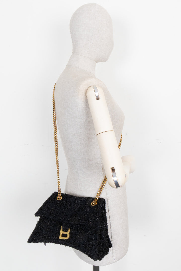 BALENCIAGA Crush Shoulder Bag Small Tweed Black