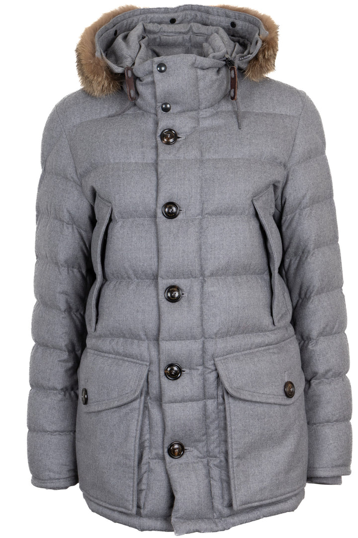 Veste MONCLER Rethel avec bordure en fourrure en laine grise