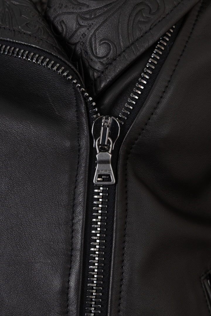 ETRO Paisley Embossed Leather Zip Jacket Black