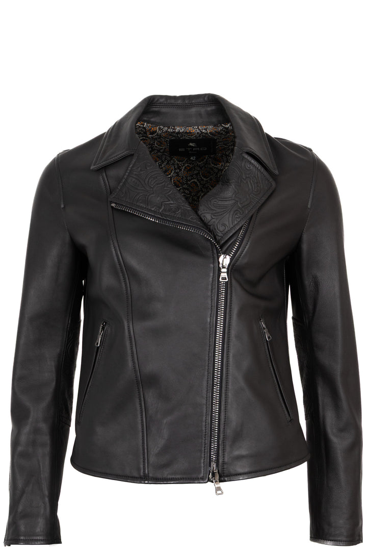 ETRO Paisley Embossed Leather Zip Jacket Black