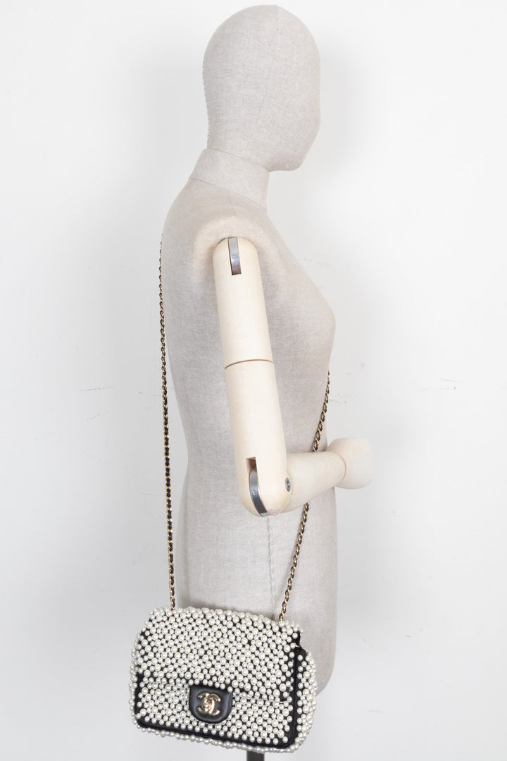 CHANEL Pearl Flap Bag Small Satin Black